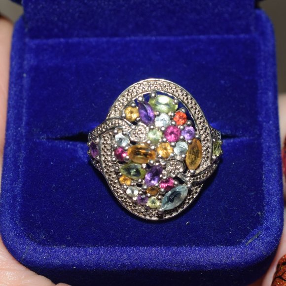 Boxed Sterling Silver Genuine Multi Gem Stoned Diamond Ring 9.3 Grams - Picture 6 of 9
